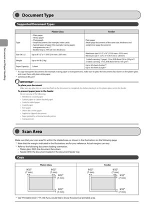 Page 382-2
Document
	and
	Paper
	Handling
Supported Docu\fent Types
Pl\ften Gl\fssFeeder
Type•	 Plain
	paper
•	 Hea
 vy
	paper
•	 P
 hotograph
•	 Small	documents	(for	example ,	index	cards)
•	 Special	types	of	paper	(for	example ,	tracing	paper,	transparencies

,
	etc
 .)*
1
•	 Booklet	(\bp	to	7/8”	(20	mm)	thickness)P lain
	paper
(Multi-page	documents	of	the	same	size
 ,
	thickness	and	weight/one

-page
	documents)
Siz

e
	(W	x	L) \bp	to	8	1/2”	x	11	5/8”	(216	mm	x	297	mm) Maximum	size:	8	1/2”	x	14”	(215.9	mm	x...