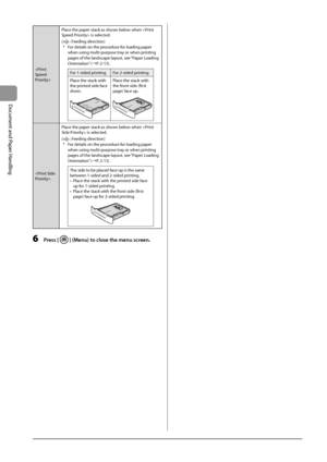 Page 542-18
Document
	and
	Paper
	Handling
 Place
	the	paper	stack	as	shown	\felow	when	
	is	select
 ed.
(
:	Feeding	direction)
*	 For	details	on	the	proc edure	for	loading	paper	when	using	multi-purpose	tra

y
	or	when	prin
 ting
	pages	of	the	landscape	lay

out,
	see	“Paper	Loading	Orienta

tion”
	(→
 P.
	2-13).
For	1-sided	printing For	2-sided	prin ting
Place
	the	stack	with	the	prin

ted
	side	face	down.
Place	the	stack	with	the	fron t	side	(first	page)	face	up.
 Place
	the	paper	stack	as	shown	\felow	when...