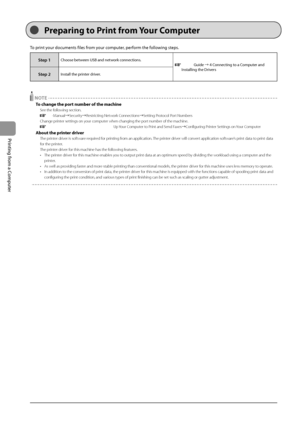 Page 704-2
Printing
	from
	a	Computer
To	print	your	documents	files	from	your	computer,	perform	the	following	steps.
Step 1Choose	\fetween	\bSB	and	network	connections.		Starter	Guide	→	4	Connecting	to	a	Comput er	and	Installing	the	Driv
ers
Step 2Install	the	printer	driver.
 NOTE
To change the port nu\fber of the \fachine
See the following section.
 e-Manual→Security→Restricting Network Connections→Setting Protocol Port Numbers
Change print er settings on your computer when changing the port number of the...