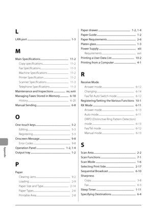 Page 17411-6
Appendix
L
LAN	port	..................\A..................\A..................\A.............		1-3
M
Main	Specifications	..................\A..................\A........		11-2
Cop y specifications..................\I..................\I............   11-2
Fax Specifications..................\I..................\I................   11-3 Machine Specificati\Ions
 ..................\I..................\I...   11-2
Print

er Specification
 ..................\I..................\I..........   11-2...