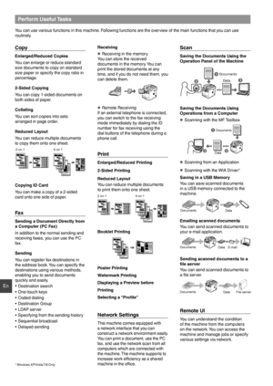 Page 1414
En
Perform Useful Tasks
You can use various functions in this machine. Following functions are the overview of the main functions that you can use 
routinely.
Copy
Enlarged/Reduced Copies
You can enlarge or reduce standard 
size documents to copy on standard 
size paper or specify the copy ratio in 
percentage.
2-Sided Copying
You can copy 1-sided documents on 
both sides of paper.
Collating
You can sort copies into sets 
arranged in page order.
Reduced Layout
You can reduce multiple documents 
to...