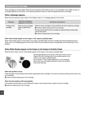 Page 1616
En
Replacing Toner Cartridge
Toner cartridges are consumables. When the toner becomes nearly empty or has run out completely in the mid\
dle of a job run, 
a message appears on the screen, or the following problems may occur. Take the appropriate action accordingly.
When a Message Appears
When the toner becomes nearly empty in the middle of a job run, a messag\
e appears on the screen.
MessageWhen the message is 
displayed on the screen Description and Solutions
 When the toner cartridge 
needs a...