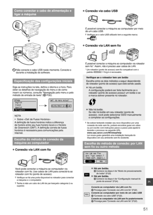 Page 5151
Pt
Como conectar o cabo de alimentação e 
ligar a máquina
(2)
(1)
  Não conecte o cabo USB neste momento. Conecte-o durante a instalação do software.
Especiﬁ  cação das conﬁ  gurações iniciais
Siga as instruções na tela, de ﬁ na o idioma e a hora. Para 
obter os detalhes de navegação do menu e de como 
inserir os números, consulte “Navegação pelo menu e pelo 
método de entrada de texto” (
  P.50).
Idioma
 English
 French
 Spanish
 PortugueseDef. da Hora Actual
01/01/2013 12:5 2 AM
NOTA
•  Sobre 
A deﬁ...