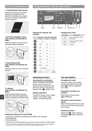 Page 88
En
 Navigating the Menu and Text Input Method
▲▼◀▶OK
Menu Back#CNumeric keys
About the Supplied Manuals

Getting Started (This manual):
Read this manual  ﬁ rst. This manual 
describes the installation of the 
machine, the settings, and a caution. 
Be sure to read this manual before 
using the machine.
  MF Driver Installation Guide 
(User Software and Manuals CD-
ROM):
Read this manual next. This manual 
describes software installation.
  Send Setting Guide
(User Software and Manuals CD-
ROM):
Read...