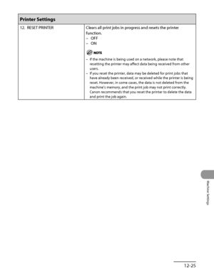 Page 354
12‑25
Machine Settings

Printer Settings
12. RESET PRINTERClears all print jobs in progress and resets the printer 
function.
OFF
ON
If the machine is being used on a network, please note that 
resetting the printer may affect data being received from other 
users.
If you reset the printer, data may be deleted for print jobs that 
have already been received, or received while the printer is being 
reset. However, in some cases, the data is not deleted from the 
machine’s memory, and the print job may...