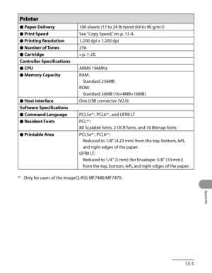 Page 378
13‑5
Appendix

Printer
Paper DeliveryÔ100 sheets (17 to 24 lb bond (64 to 90 g/m2))
Print SpeedÔSee “Copy Speed,” on p. 13‑4.
Printing ResolutionÔ1,200 dpi x 1,200 dpi
Number of TonesÔ256
CartridgeÔ» p. 1‑20.
Controller Specifications
CPUÔARM9 196MHz
Memory CapacityÔRAM:
Standard 256MB
ROM:
Standard 36MB (16+4MB+16MB)
Host interfaceÔOne USB connector (V2.0)
Software Specifications
Command LanguageÔPCL5e*1, PCL6*1, and UFRII LT
Resident FontsÔPCL*1:
80 Scalable fonts, 2 OCR fonts, and 10 Bitmap...