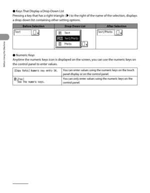 Page 53
Before Using the Machine
1‑12

Keys That Display a Drop‑Down List
Pressing a key that has a right triangle (▶) to the right of the name of the selection, displays 
a drop ‑down list containing other setting options.
Before SelectionDrop-Down ListAfter Selection
Numeric Keys
Anytime the numeric keys icon is displayed on the screen, you can use the numeric keys on 
the control panel to enter values.
You can enter values using the numeric keys on the touch 
panel display or on the control panel.
You can...