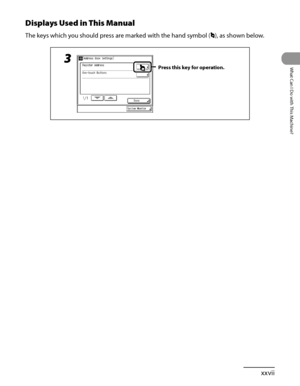 Page 28
xxvii
What Can I Do with This Machine?

Displays Used in This Manual
The keys which you should press are marked with the hand symbol (), as shown below.
Press this key for operation.
3
 