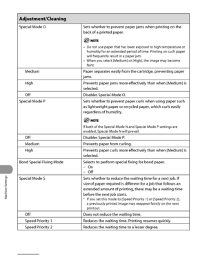 Page 347
Machine Settings
12‑18

Adjustment/Cleaning
Special Mode OSets whether to prevent paper jams when printing on the 
back of a printed paper.
Do not use paper that has been exposed to high temperature or 
humidity for an extended period of time. Printing on such paper 
will frequently result in a paper jam.
When you select [Medium] or [High], the image may become 
faint.
–
–
MediumPaper separates easily from the cartridge, preventing paper 
jams.
HighPrevents paper jams more effectively than when [Medium]...