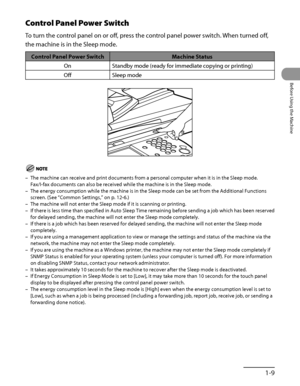 Page 50
1‑9
Before Using the Machine

Control Panel Power Switch
To turn the control panel on or off, press the control panel power switch. When turned off, 
the machine is in the Sleep mode.
Control Panel Power SwitchMachine Status
OnStandby mode (ready for immediate copying or printing)
OffSleep mode
The machine can receive and print documents from a personal computer whe\
n it is in the Sleep mode. 
Fax/I‑fax documents can also be received while the machine is in the Sleep mode.
The energy consumption while...