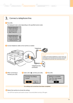 Page 15
13
 3.    Connect a telephone line. 
 Press  [OK]. 
 Connect phone line.Follow instructions
on the next screen.
Connect line to A.
*Next: Press OK
Connect phone line.Follow instructions
on the next screen
to make connections:
1. Phone line to A
 
 The displayed screen varies depending on the specified receive mode. 
 Connect telephone cables to the machine as needed. 
 
Telephone line
connector Telephone
(B)
(A)
 
 
Preface1Installing the Machine2Configuring and Connecting the Fax3Connecting to a...