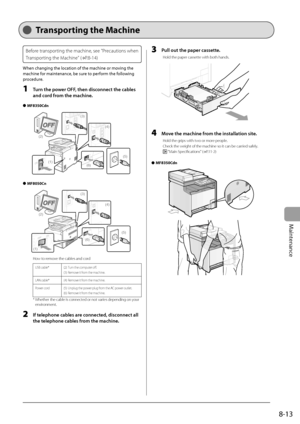 Page 129
8-13
Maintenance
   Transport ing  the  Machine  
  Before transporting the machine, see  "Precautions when 
Transporting the Machine" (→
P.8-14)   
 When changing the location of the machine or moving the 
machine for maintenance, be sure to perform the following 
procedure. 
  1  Turn the power OFF, then disconnect the cables 
and cord from the machine. 

 MF8350Cdn 
 
(2)
(1)
(3)
(4)
(6)
(5)
 
 MF8050Cn   
(2)
(1)
(3)
(4)
(6)
(5)
 
How to remove the cables and cord
 USB cable*   (2)  Turn...