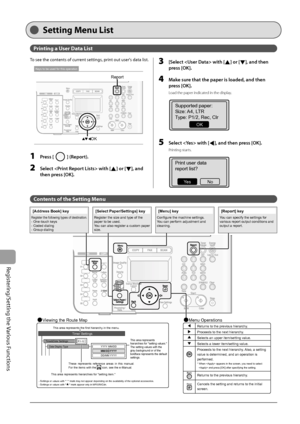 Page 148
10-2
Registering/Setting the Various Functions
  Setting  Menu  List       
 To see the contents of current settings, print out user's data list. 
 
OK
Report
Keys to be used for this operation
 
  1     Press [] (Report). 
  2    Select  with [] or [], and 
then press [OK]. 
  
  3    [Select  with [] or [], and then 
press [OK]. 
  4    Make sure that the paper is loaded, and then  press [OK]. 
 Load the paper indicated in the display. 
 
Supported paper:
Size: A4, LTR
Type: P1/2, Rec, Clr
OK...