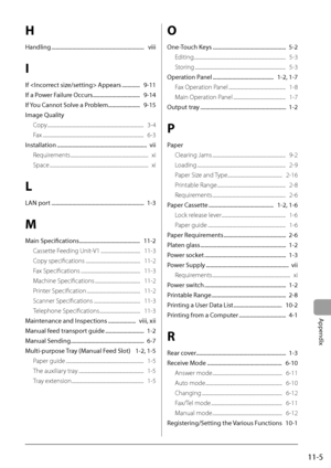 Page 157
Appendix
11-5
H
Handling ...................................................................   viii
I
If  Appears .............   9-11
If a Power Failure Occurs ..................................   9-14
If You Cannot Solve a Problem.......................   9-15
Image QualityCopy ........................................................................\
...........   3-4
Fax ........................................................................\
...............   6-3
Installation...