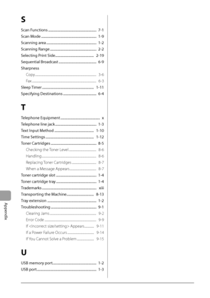 Page 158
11-6
Appendix
S
Scan Functions .......................................................  7-1
Scan Mode ...............................................................  1-9
Scanning area .........................................................  1-2
Scanning Range .....................................................  2-2
Selecting Print Side ............................................   2-19
Sequential Broadcast ...........................................  6-9
SharpnessCopy...