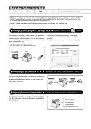 Page 4
Data is created in a computer. Send
*  You need to install the fax driver in a computer.
*  If you are a Macintosh user, see the Fax Driver Guide.
Received fax
Fax driver screen
You can send a document or image created in an application 
as a fax directly using the fax driver from a computer on a 
network. Because you do not need to print the document, you 
can reduce the paper cost as well as send a clear document 
which has little dirt or blur. You can import the address book using the fax driver,...