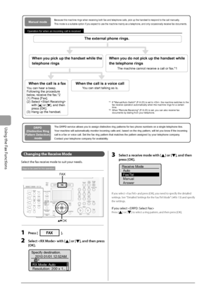 Page 96
6-12
Using the Fax Functions
  
Operation for when an incoming call is received
*1  If Manual/Auto Switch (P. 6-25) is set to , the machine switches to the fax receive operation automatically when the machine rings for a certain\
 
time.
*
2  When Remote Receiving (P. 6-25) is set, you can also receive fax  documents by dialing from your telephone.
The external phone rings.
When you pick up the handset while the 
telephone rings
When the call is a fax When the call is a voice call When you do not pick...