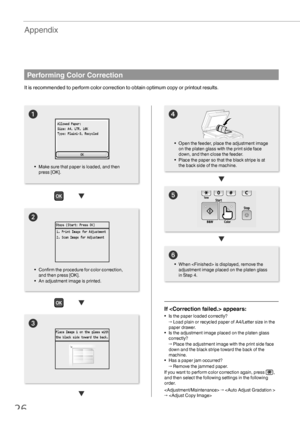 Page 2626
Appendix



Performing Color Correction
It is recommended to perform color correction to obtain optimum copy or printout results.
4

• Confirm the procedure for color correction, 
and then press [OK].
•  An adjustment image is printed. • 
Open the feeder, place the adjustment image 
on the platen glass with the print side face 
down, and then close the feeder.
•  Place the paper so that the black stripe is at 
the back side of the machine.
If  appears:
• Is the paper loaded correctly?
→ Load plain...