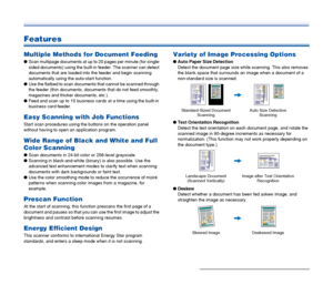 Page 14
14
Features
Multiple Methods for Document Feeding
●Scan multipage documents at up to 20 pages per minute (for single-
sided documents) using the built-in feeder. The scanner can detect 
documents that are loaded into the feeder and begin scanning 
automatically using the auto-start function.
● Use the flatbed to scan documents that cannot be scanned through 
the feeder (thin documents, documents that do not feed smoothly, 
magazines and thicker documents, etc.).
● Feed and scan up to 15 business cards...