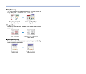 Page 15
15
●Skip Blank Page
The scanner scans both sides of a document and skips saving the 
image of any side it determines to be a blank page.
● Dropout Color
Specify one color (red, blue, or green) to be omitted while scanning 
documents.
● Remove Binder Holes
Erases the shadows that appear on scanned images from binding 
holes on the original document.
Two-Sided Documents 
with a Blank Side Images with Blank Page 
Skipped
Color Document Image with Red Dropped Out  (Red Filtered)
Document with Binder Holes...