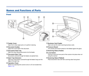 Page 17
17
Names and Functions of Parts
Front
AFeeder Cover
Open this to clear paper jams or to perform cleaning.
BDocument Guides
Adjust this to the width of the document.
CDocument Feed Tray
Open this when placing documents into the feeder.
DDocument Eject Tray
Documents scanned through the feeder are ejected here.
EEject Tray Extension
Open this if documents scanned through the feeder hang over the 
edge of the eject tray.
FOperation Panel
Buttons for operating the scanner and an LCD are located here. 
(See...