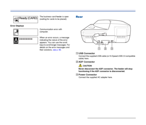 Page 19
19
Error Displays
Rear
AUSB Connector
Connect the supplied USB cable (or Hi-Speed USB 2.0 compatible 
cable) here.
BADF Connector
CAUTION
Never disconnect the ADF connector. The feeder will stop 
functioning if the ADF connector is disconnected.
C Power Connector
Connect the supplied AC adapter here.
The business card feeder is open 
(waiting for cards to be placed).
Communication error with 
computer.
When an error occurs, a message 
indicating the nature of the error 
appears. You can use the scroll...