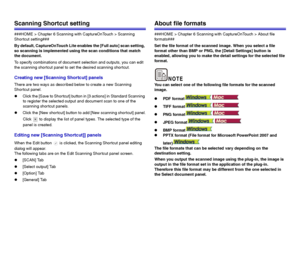 Page 5555
Scanning Shortcut setting
###HOME > Chapter 6 Scanning with CaptureOnTouch > Scanning 
Shortcut setting###
By default, CaptureOnTouch Lite enables the [Full auto] scan setting, 
so scanning is implemented using the scan conditions that match 
the document.
To specify combinations of document selection and outputs, you can edit 
the scanning shortcut panel to set the desired scanning shortcut.
Creating new [Scanning Shortcut] panels
There are two ways as described below to create a new Scanning...