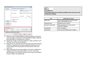 Page 8484
(1) When you want to specify different scanning conditions for the front 
and back pages of a document, select [Skip Blank Page] or [Both] for 
[Scanning Side] on the [Basic] tab in advance.
(2) Specify the number of scanning conditions to apply in [Stream count 
of Front]. Up to three can be specified.
(3) Select [Front 1st], and then open the other tabs and set the scanning 
conditions. Depending on the value specified for [Stream count of 
Front], configure the remaining [Front 2nd] and [Front 3rd]...