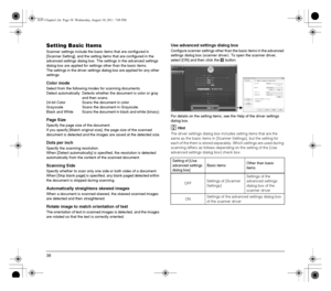 Page 3838
Setting Basic Items
Scanner settings include the basic items that are configured in 
[Scanner Setting], and the setting items that are configured in the 
advanced settings dialog box. The settings in the advanced settings 
dialog box are applied for settings other than the basic items.
The settings in the driver settings dialog box are applied for any other 
settings.
Color mode
Select from the following modes for scanning documents.
Detect automatically Detects whether the document is color or gray...