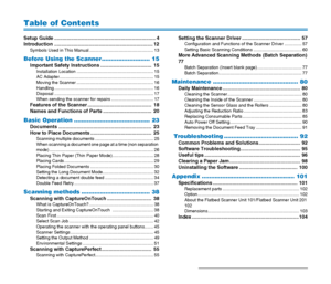 Page 1414
Table of Contents
Setup Guide ......................................................................... 4
Introduction ....................................................................... 12
Symbols Used in This Manual .................................................... 13
Before Using the Scanner .......................... 15
Important Safety Instructions .....................................  15
Installation Location .............................................................. 15
AC...