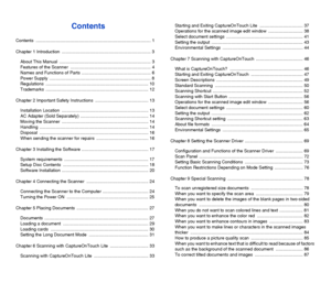 Page 21
Contents
Contents ............................................................................................. 1
Chapter 1 Introduction  ........................................................................ 3
About This Manual  .......................................................................... 3
Features of the Scanner  ................................................................. 4
Names and Functions of Parts ........................................................ 6
Power Supply...