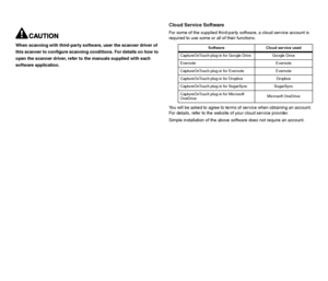 Page 2019
When scanning with third-party software, user the scanner driver of 
this scanner to configure scanning conditions. For details on how to 
open the scanner driver, refer to the manuals supplied with each 
software application.
Cloud Service Software
For some of the supplied third-party software, a cloud service account is 
required to use some or all of their functions.
You will be asked to agree to terms of service when obtaining an account. 
For details, refer to the website of your cloud service...