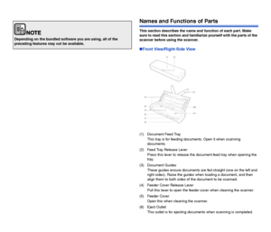Page 76
Names and Functions of Parts
This section describes the name and function of each part. Make 
sure to read this section and familiarize yourself with the parts of the 
scanner before using the scanner.
Front View/Right-Side View
(1) Document Feed Tray
This tray is for feeding documents. Open it when scanning 
documents.
(2) Feed Tray Release Lever
Press this lever to release the document feed tray when opening the 
tray.
(3) Document Guides
These guides ensure documents are fed straight (one on the...