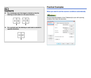 Page 9392
Practical Examples
When you want to set the scanner conditions automatically
Set [Full Automatic Mode] in [User Preference] to scan with scanning 
conditions that match the document.
For a landscape card, the image is oriented so that the 
lettering on both sides is in the same direction.
For a portrait card, the lettering on each side is oriented in 
opposite directions. 
 