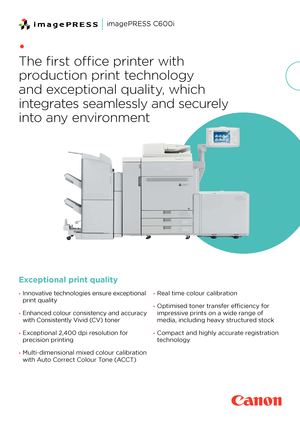 Page 1•
The first office printer with 
production print technology  
and exceptional quality, which 
integrates seamlessly and securely 
into any environment
SALES SHEET TEMPLATE
Exceptional print quality
• Innovative technologies ensure exceptional 
print quality
• Enhanced colour consistency and accuracy 
with Consistently Vivid (CV) toner
• Exceptional 2,400 dpi resolution for 
precision printing
• Multi-dimensional mixed colour calibration 
with Auto Correct Colour Tone (ACCT)
• Real time colour...