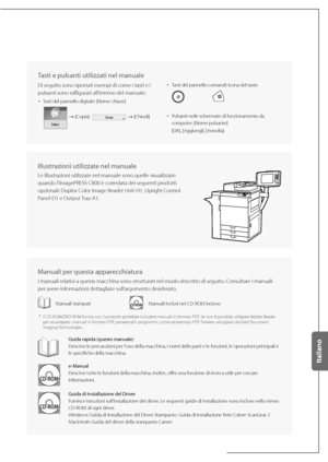 Page 191 Tasti e pulsanti utilizzati nel manuale 
Di seguito sono riportati esempi di come i tasti e i 
pulsanti sono raffigurati all’interno del manuale:• 
Tasti del pannello digitale: [Nome chiave]
 [Copia]    [Chiudi]
• Tasti del pannello comandi: Icona del tasto
     
• Pulsanti nelle schermate di funzionamento da 
computer: [Nome pulsante]
[OK], [Aggiungi], [Annulla]
  
Illustrazioni utilizzate nel manuale
Le illustrazioni utilizzate nel manuale sono quelle visualizzate 
quando l’imagePRESS C800 è...