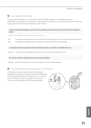 Page 28335
Solución de problemas
 
▀ Si se llena la memoria 
 Si la memoria se llena durante la lectura, aparecerán los mensajes siguientes en la pantalla táctil. Siga los 
procedimientos que aparecen en la pantalla, y después elimine los archivos innecesarios almacenados en el buzón de 
correo y el buzón de Fax/I-Fax para disponer de más memoria. 
  
 La lectura se cancelará debido a que la memoria está llena. ¿Desea imprimir (enviar, almacenar)* las páginas 
leídas? 
*   Una parte del mensaje diferirá...