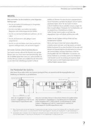 Page 1317
Hinweise zum sicheren Betrieb
 WICHTIG 
 Bitte vermeiden Sie die Installation unter folgenden 
Bedingungen •   
Ein Or t mit star

ken Schwankungen in Temperatur 
und Luftfeuchtigkeit 
•   Ein Ort in der Nähe von Geräten mit starken 
Magneten oder elektromagnetischen Wellen 
•   Ein Ort, wo chemische Reaktionen auftreten, wie ein 
Labor 
•   Ein Ort, der korrosiven oder giftigen Gasen 
ausgesetzt ist 
•   Ein Ort, wo sich der Boden durch das Gewicht des 
Systems verbiegen kann, wie auf einem Teppich...