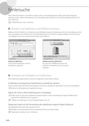 Page 15632
 Fehlersuche 
 Dieser Abschnitt erläutert, wie Probleme gelöst werden, wenn häufig Papierstau auftritt oder Fehlermeldungen 
angezeigt werden. Weitere Informationen zu den Einzelheiten der Funktionen und Vorsichtsmaßregeln finden Sie in 
der e-Anleitung. 
 
 "Problemlösung" in der e-Anleitung 
 
▀ Beheben von Papierstaus und Heftklammernstaus 
 Befolgen Sie beim Auftreten von Papierstaus oder Heftklammernstaus die Anleitungen auf dem Sensordisplay, um den 
Stau zu beseitigen. Durch Berühren...