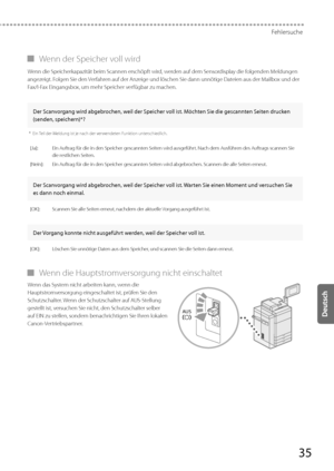 Page 15935
Fehlersuche
 
▀ Wenn der Speicher voll wird 
 Wenn die Speicherkapazität beim Scannen erschöpft wird, werden auf dem Sensordisplay die folgenden Meldungen 
angezeigt. Folgen Sie den Verfahren auf der Anzeige und löschen Sie dann unnötige Dateien aus der Mailbox und der 
Fax/I-Fax Eingangsbox, um mehr Speicher verfügbar zu machen. 
  
 Der Scanvorgang wird abgebrochen, weil der Speicher voll ist. Möchten Sie die gescannten Seiten drucken 
(senden, speichern)*? 
*   Ein Teil der Meldung ist je nach der...