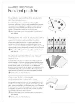 Page 188 imagePRESS  C800/C700/C600i 
 
Funzioni pratiche 
Regolazione automatica della gradazione 
per diversi tipi di carta
La Funzione Regolazione automatica gradazione regola la 
gradazione, la densità e il tono di colore delle immagini e necessita 
solo la scansione della pagina di test. Questa funzione può essere 
utilizzata per diverse grammature di carta in modo da ottenere 
risultati di stampa di alta qualità con diversi tipi di carta.
 "Regolazione della qualità immagine e finitura...