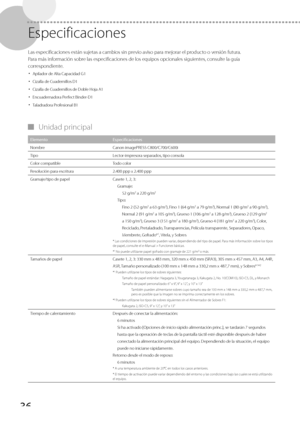 Page 28436
   Especificaciones 
 Las especificaciones están sujetas a cambios sin previo aviso para mejorar el producto o versión futura. 
 Para más información sobre las especificaciones de los equipos opcionales siguientes, consulte la guía 
correspondiente. • 
 Apilador de Alta Capacidad G1 
•  Cizalla de Cuadernillos D1 
•  Cizalla de Cuadernillos de Doble Hoja A1 
•  Encuadernadora Perfect Binder-D1 
•  Taladradora Profesional B1 
 
▀ Unidad  principal 
Elemento Especificaciones
Nombre Canon imagePRESS...