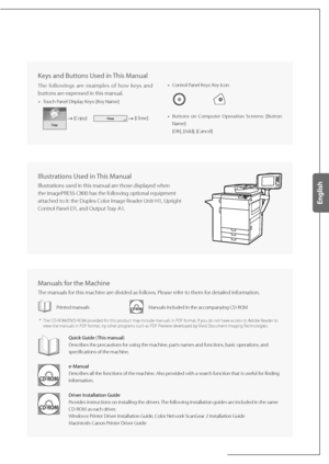 Page 5 Keys and Buttons Used in This Manual 
The followings are examples of how keys and 
buttons are expressed in this manual.• 
Touch Panel Display Keys: [Key Name]
  [Copy]       
  [Close]
• Control Panel Keys: Key Icon
     
• Buttons on Computer Operation Screens: [Button 
Name]
[OK], [Add], [Cancel]
  
Illustrations Used in This Manual
Illustrations used in this manual are those displayed when 
the imagePRESS C800 has the following optional equipment 
attached to it: the Duplex Color Image Reader...