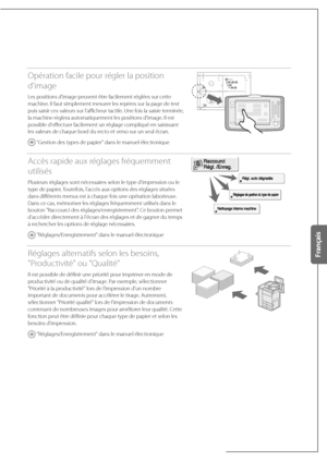 Page 65Opération facile pour régler la position 
d'image
Les positions d'image peuvent être facilement réglées sur cette 
machine. Il faut simplement mesurer les repères sur la page de test 
puis saisir ces valeurs sur l'afficheur tactile. Une fois la saisie terminée, 
la machine règlera automatiquement les positions d'image. Il est 
possible d'effectuer facilement un réglage compliqué en saisissant 
les valeurs de chaque bord du recto et verso sur un seul écran.
 "Gestion des types de...