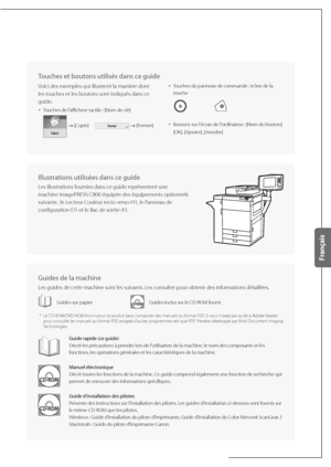 Page 67 Touches et boutons utilisés dans ce guide 
Voici des exemples qui illustrent la manière dont 
les touches et les boutons sont indiqués dans ce 
guide.• 
Touches de l'afficheur tactile : [Nom de clé]
 [Copie]        [Fermer]
• Touches du panneau de commande : Icône de la 
touche
     
• Boutons sur l'écran de l'ordinateur : [Nom du bouton]
[OK], [Ajouter], [Annuler]
  
Illustrations utilisées dans ce guide
Les illustrations fournies dans ce guide représentent une 
machine imagePRESS C800...