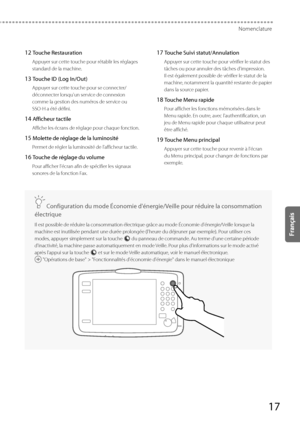 Page 7917
Nomenclature
 12 Touche Restauration 
 Appuyer sur cette touche pour rétablir les réglages 
standard de la machine. 
 13 Touche ID (Log In/Out) 
 Appuyer sur cette touche pour se connecter/
déconnecter lorsqu'un service de connexion 
comme la gestion des numéros de service ou 
SSO-H a été défini. 
 14 Afficheur tactile 
 Affiche les écrans de réglage pour chaque fonction. 
 15 Molette de réglage de la luminosité 
 Permet de régler la luminosité de l'afficheur tactile. 
 16 Touche de réglage du...