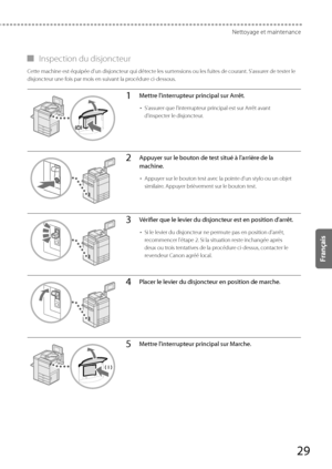 Page 9129
Nettoyage et maintenance
 
▀ Inspection du disjoncteur 
 Cette machine est équipée d'un disjoncteur qui détecte les surtensions ou les fuites de courant. S'assurer de tester le 
disjoncteur une fois par mois en suivant la procédure ci-dessous. 
1Mettre l'interrupteur principal sur Arrêt.
• 
S'assurer que l'interrupteur principal est sur Arrêt avant 
d'inspecter le disjoncteur.
2Appuyer sur le bouton de test situé à l'arrière de la 
machine.
• Appuyer sur le bouton test avec...