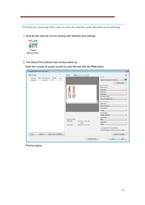 Page 15 
15 
  Printing by dropping files onto an icon for starting with attac
hed pr
in
 t settings 
 
1. Drop the file onto the icon for starting with attached print settings. 
 
 
2. The Direct Print & Share main window starts up.  Enter the number of copies to print for each file and click the  Print  button. 
 
Printing begins. 
 
 
 