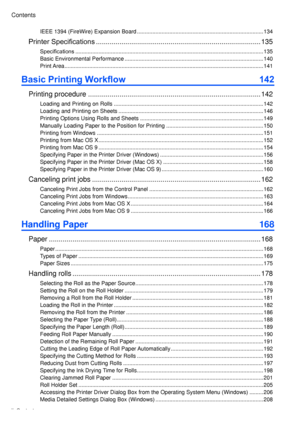 Page 4
��  Contents
Contents

IEEE 1394 (F� reW � re) Expans � on Board ........................................................................\
..........134
Printer Specifications  ....................................................................................135
Specifications  ........................................................................\
..................................................135
Bas � c Env � ronmental Performance...