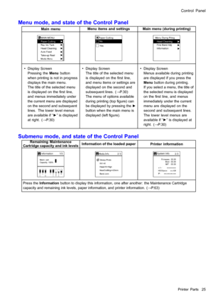 Page 39
 &RQWURO3DQHO
 0HQXPRGHDQGVWDWHRIWKH&RQWURO3DQHO
 0DLQPHQX0HQXLWHPVDQGVHWWLQJV0DLQPHQXGXULQJSULQWLQJ
 